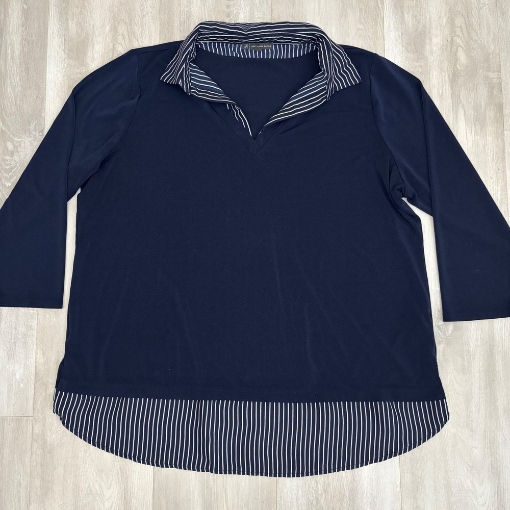 Adrianna Papell Navy Blue Striped Trim V-Neck 3/4 Sleeve Top XL Layered Stretch